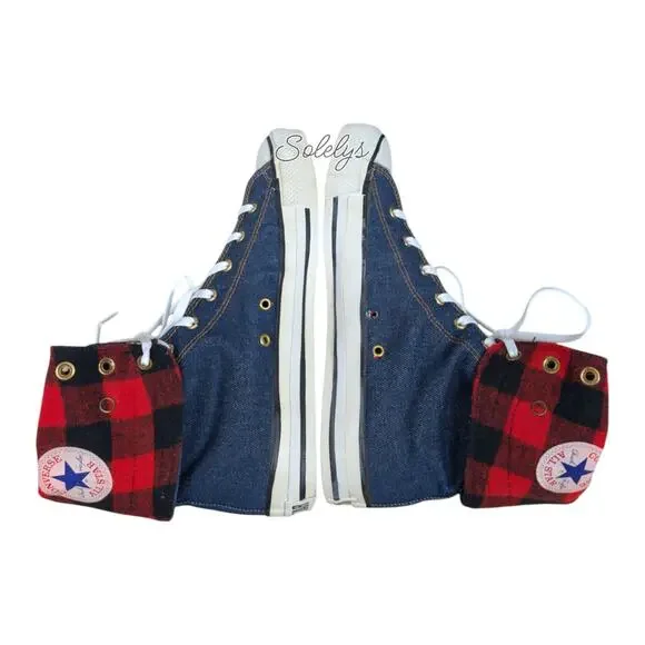 Converse 1987 Vtg NeeHi Calf High XHI USA Made Denim Fold Plaid Sneaker Mens 11 - Picture 11 of 14